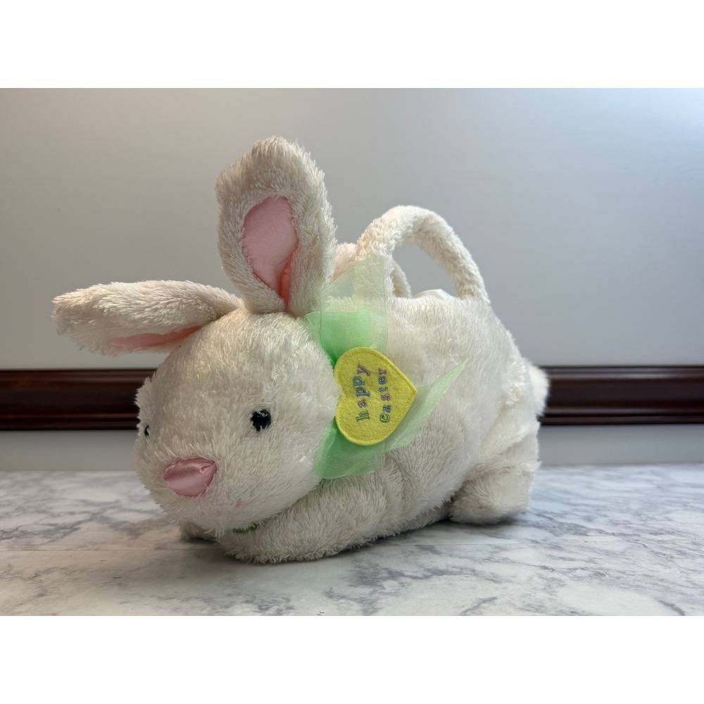 White Plush Bunny Easter Basket Animated Sound Battery Operated Happy Easter Bow